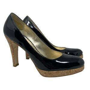 Jessica Simpson Leather Pumps Size 8.5 Black Cork High Heel Made In Brazil